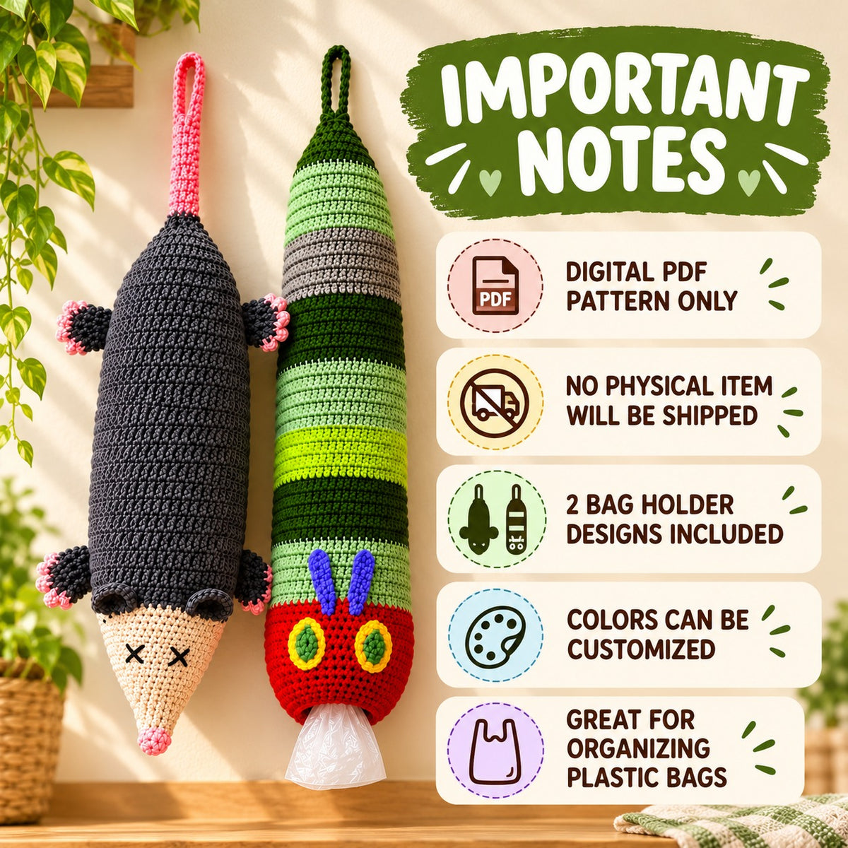 Crochet Bag Holder Pattern Bundle – Opossum & Caterpillar PDF