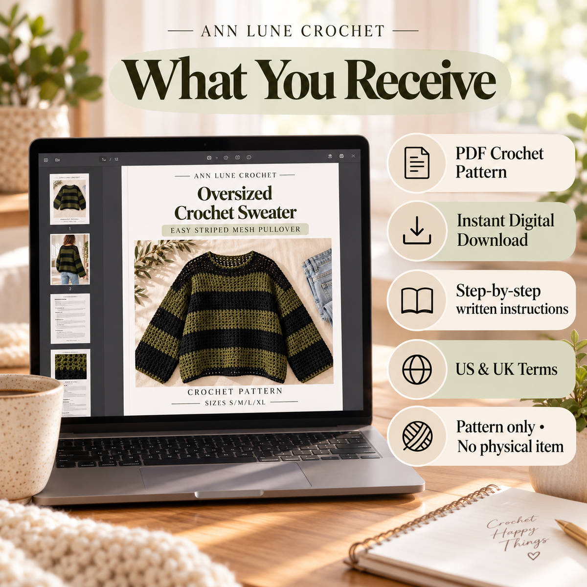 Oversized Crochet Sweater Pattern PDF | Striped Mesh Pullover