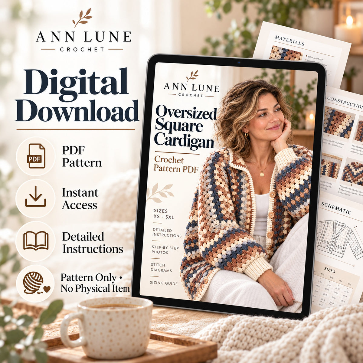 Oversized Square Cardigan Crochet Pattern PDF – Cozy Button Cardigan