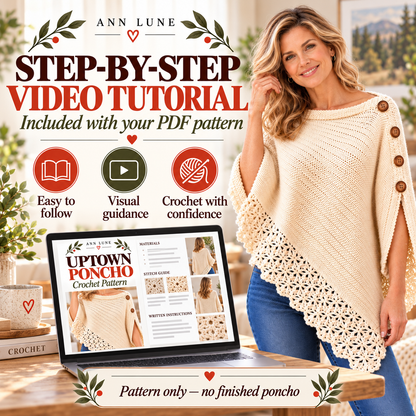 Uptown Poncho Crochet Pattern PDF – Lace Trim Button Poncho