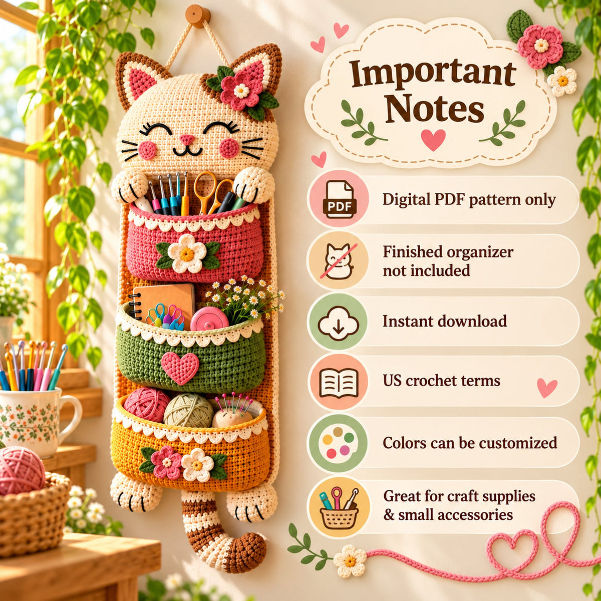 Cat Wall Organizer Crochet Pattern PDF – 3-Pocket Hanging Storage