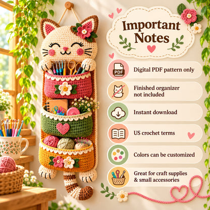 Cat Wall Organizer Crochet Pattern PDF – 3-Pocket Hanging Storage