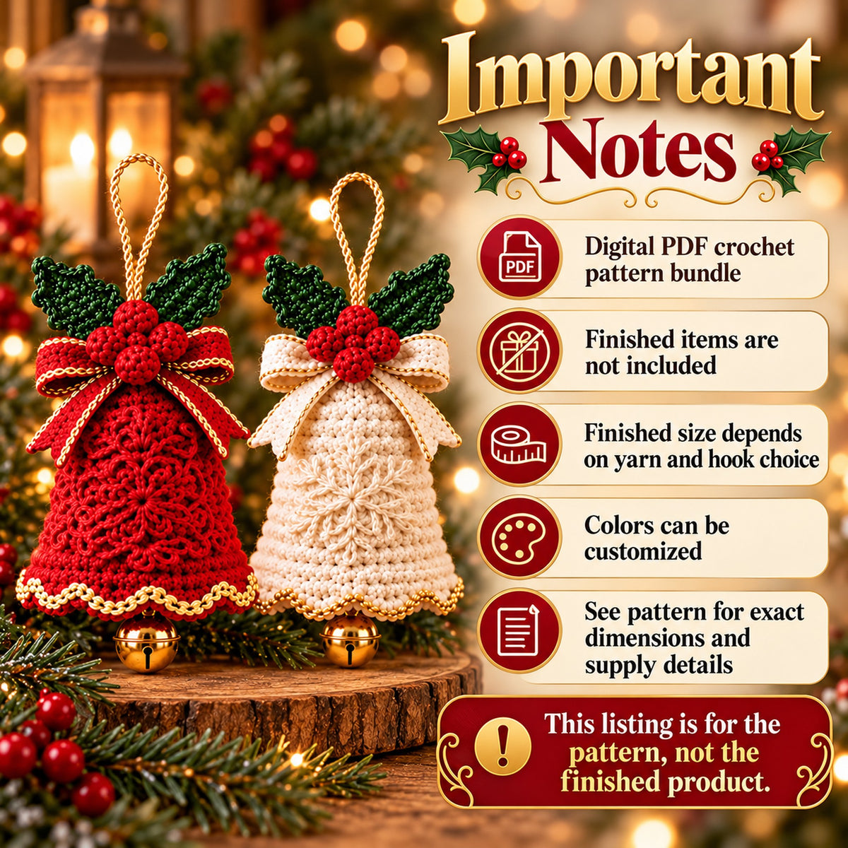 Christmas Bell Ornament Crochet Pattern Bundle – 3 Designs PDF