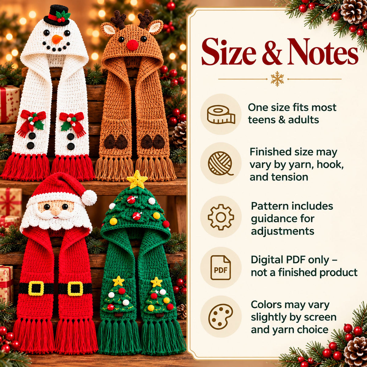 Christmas Hooded Scarf Crochet Pattern Bundle – 4 Designs PDF