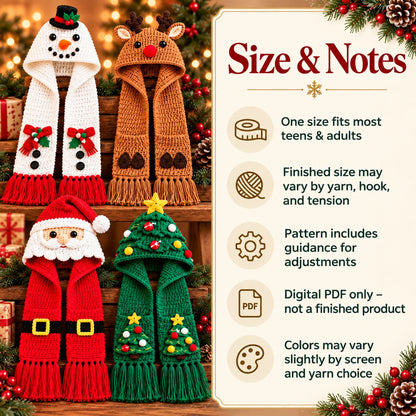Christmas Hooded Scarf Crochet Pattern Bundle – 4 Designs PDF