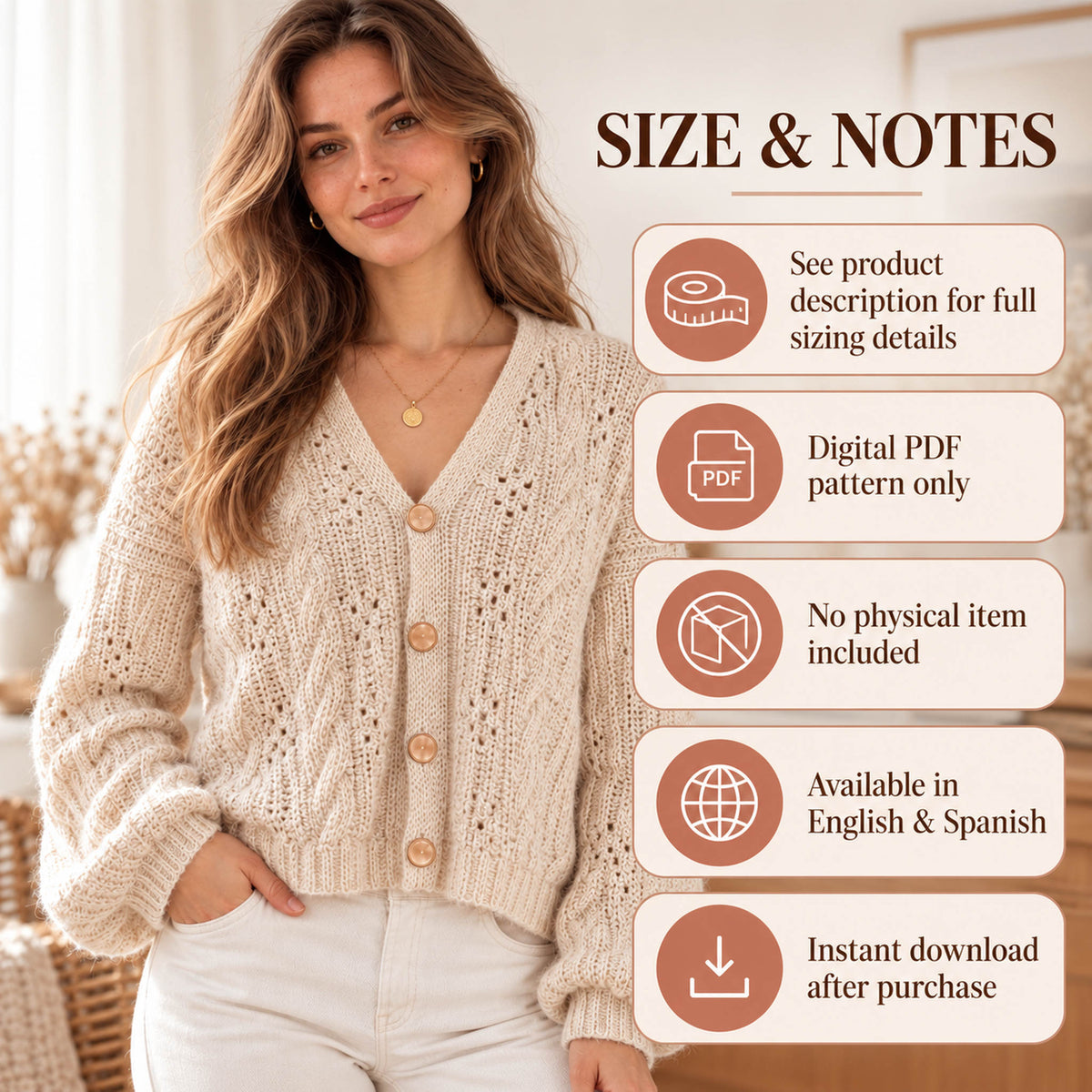 Cream Cable Knit Cardigan Pattern PDF – V-Neck Lace Cardigan