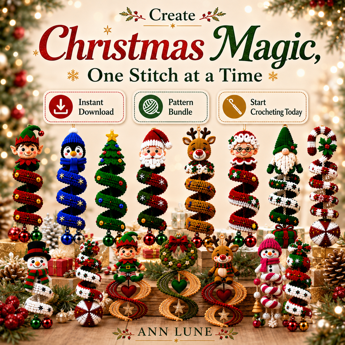 14 Christmas Spiral Crochet Pattern Bundle PDF – Christmas Ornament & Hanging Decor Patterns
