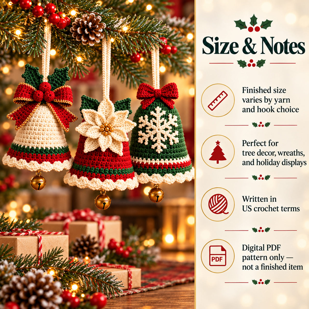 3-in-1 Crochet Christmas Bell Ornament Pattern Bundle – PDF