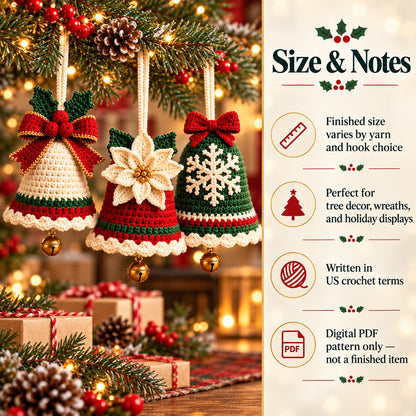 3-in-1 Crochet Christmas Bell Ornament Pattern Bundle – PDF