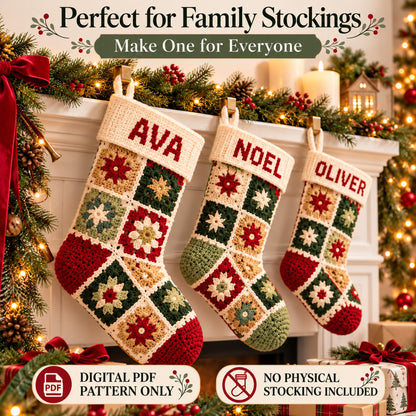 Patchwork Granny Square Christmas Stocking Crochet Pattern PDF – 3 Sizes