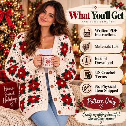 Christmas Poinsettia Cardigan Crochet Pattern – Floral Granny Square Cardigan PDF
