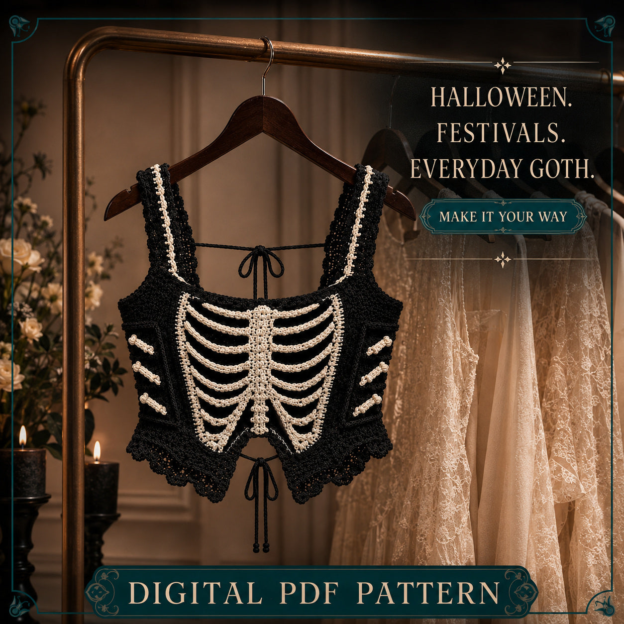 Crochet Skeleton Top Pattern PDF, Gothic Lace Up Corset, Halloween Festival Crop Top