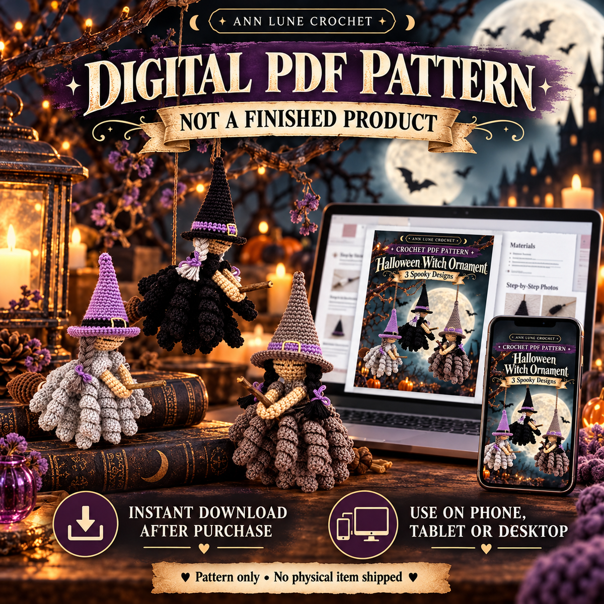 Halloween Witch Ornament Crochet Pattern PDF | 3 Spooky Witch Designs