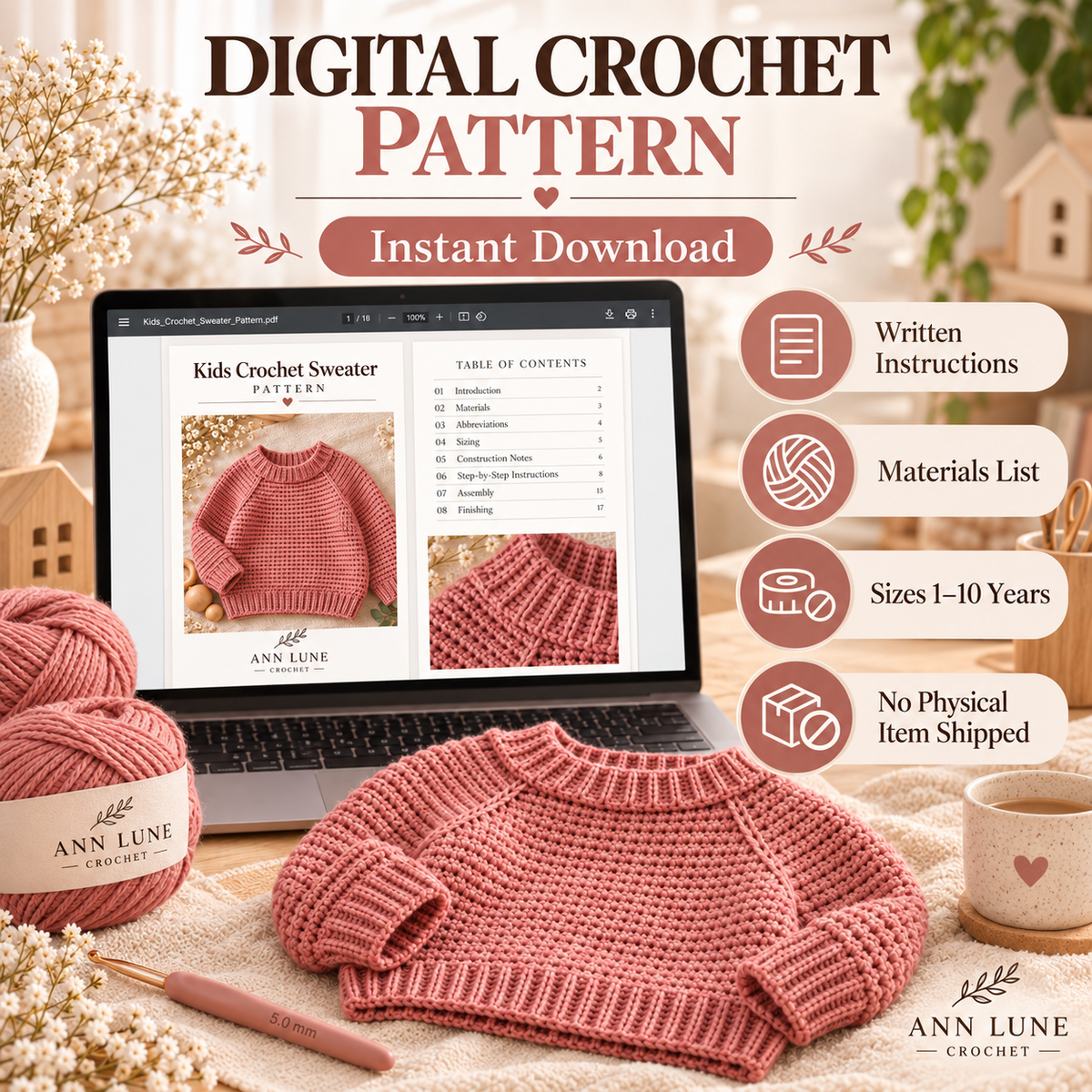 Kids Crochet Sweater Pattern – Sizes 1–10 Years PDF