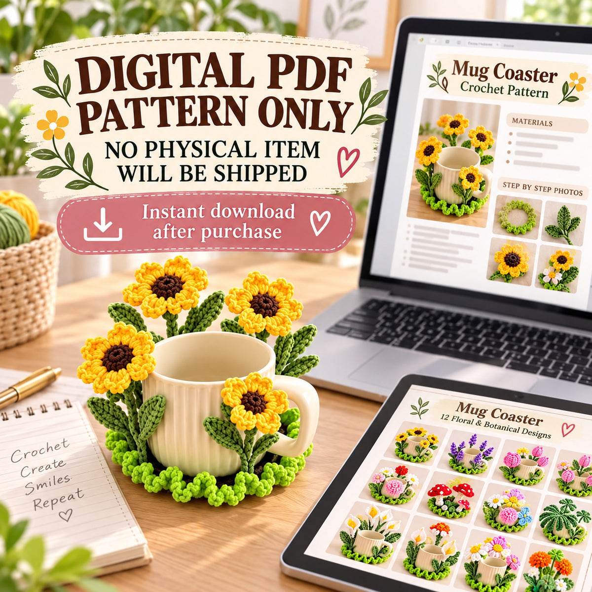 Crochet Mug Coaster Pattern Bundle PDF | 12 Floral & Botanical Designs