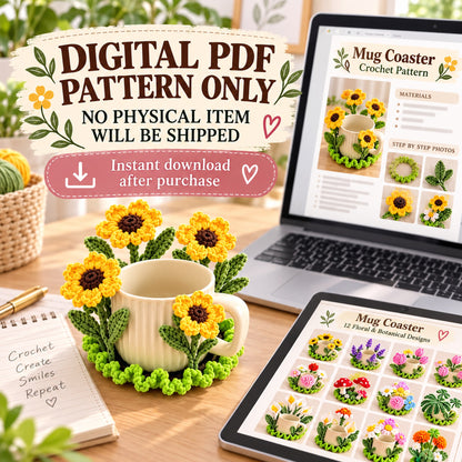 Crochet Mug Coaster Pattern Bundle PDF | 12 Floral & Botanical Designs