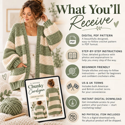 Oversized Chunky Cardigan Crochet Pattern PDF – Striped Cozy Cardigan