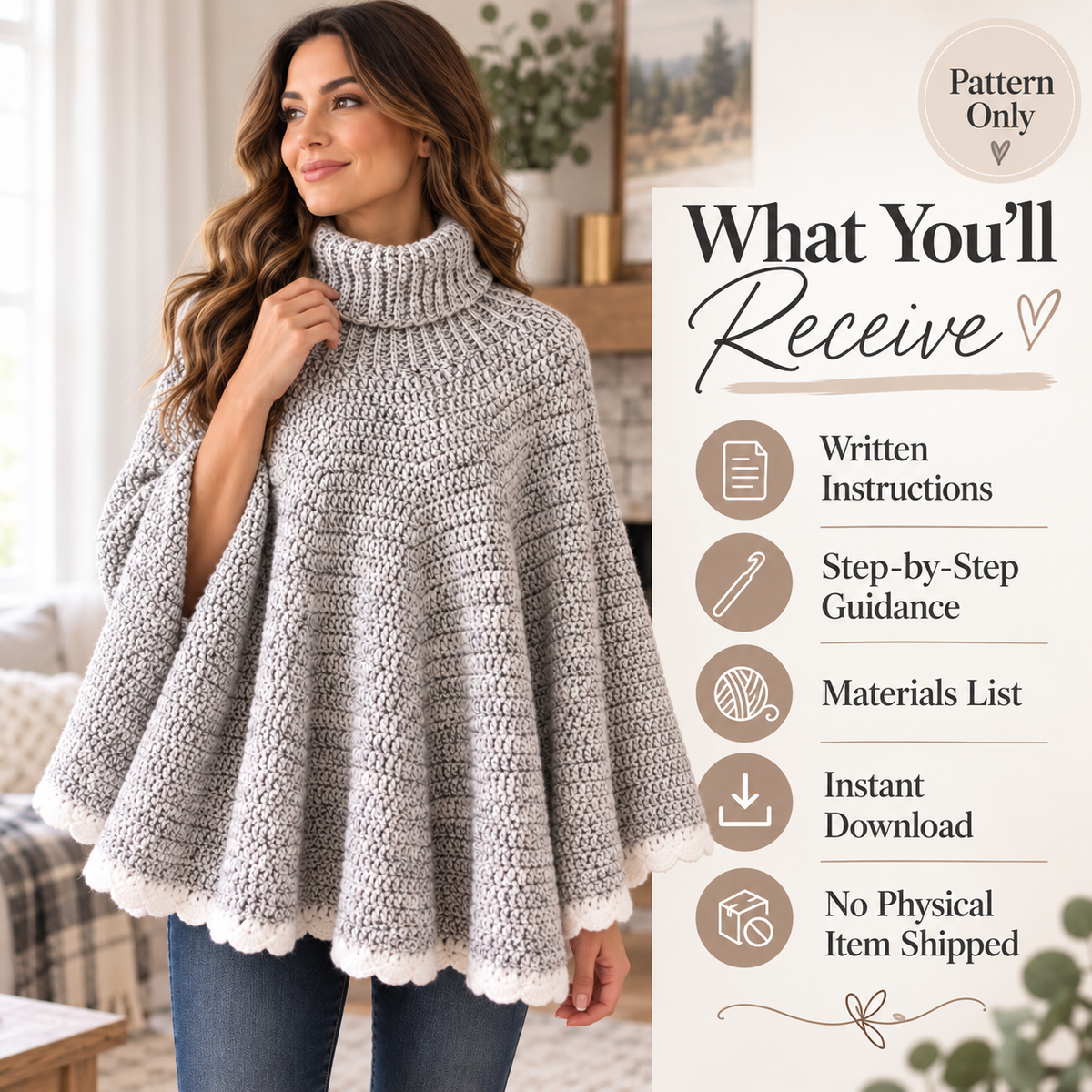 Crochet Turtleneck Poncho Pattern PDF – Cozy Women’s Crochet Cape Pattern