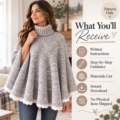 Crochet Turtleneck Poncho Pattern PDF – Cozy Women’s Crochet Cape Pattern