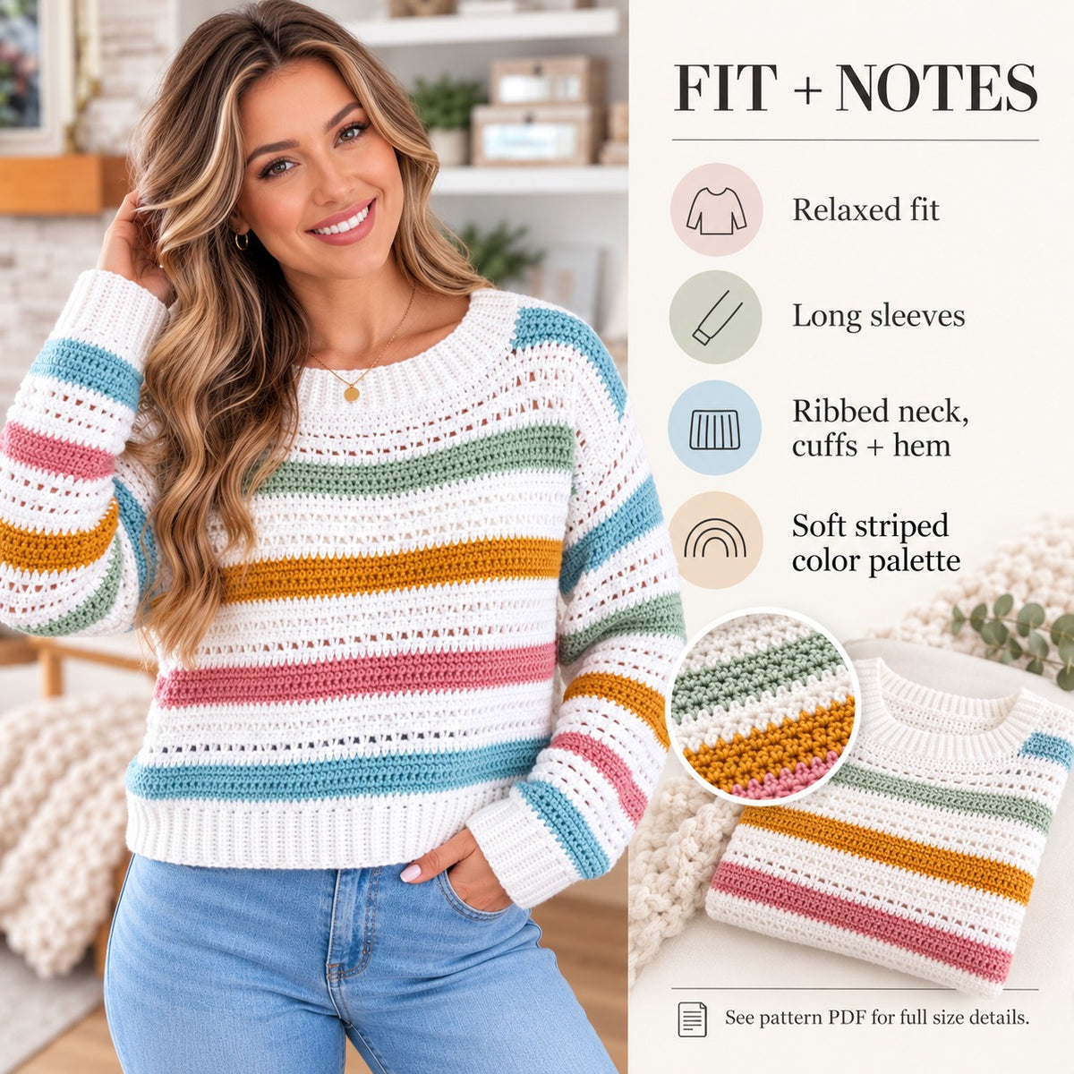 Pastel Striped Crochet Sweater Pattern PDF – Colorful Pullover