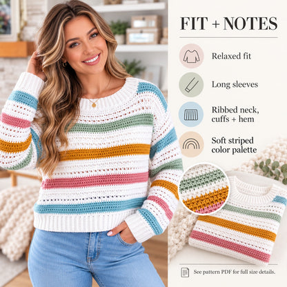 Pastel Striped Crochet Sweater Pattern PDF – Colorful Pullover