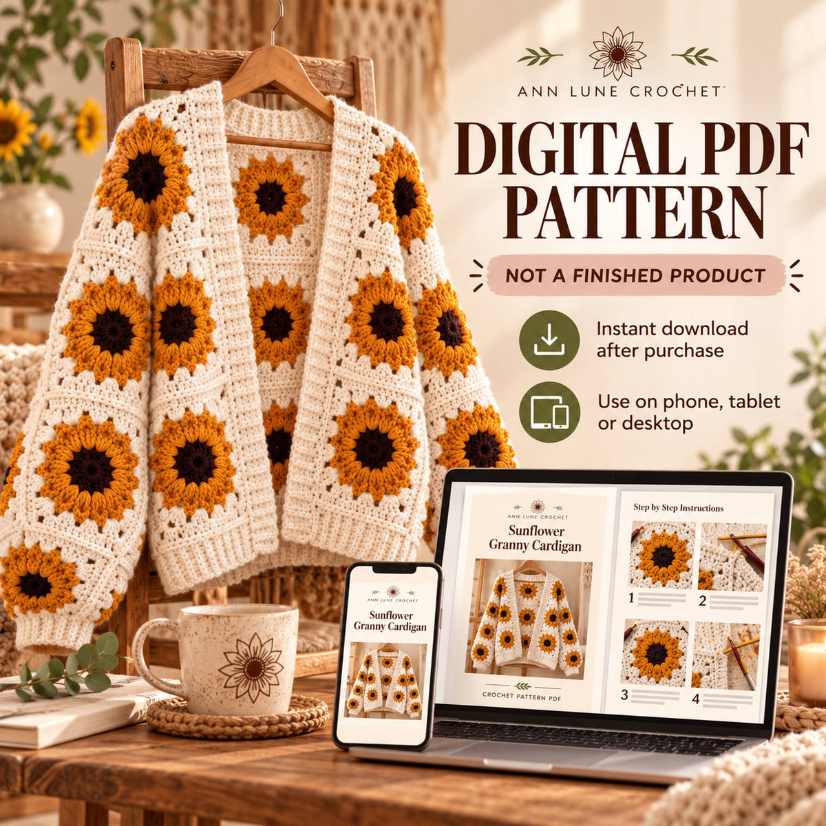 Sunflower Granny Cardigan Crochet Pattern PDF | Granny Square Cardigan Pattern