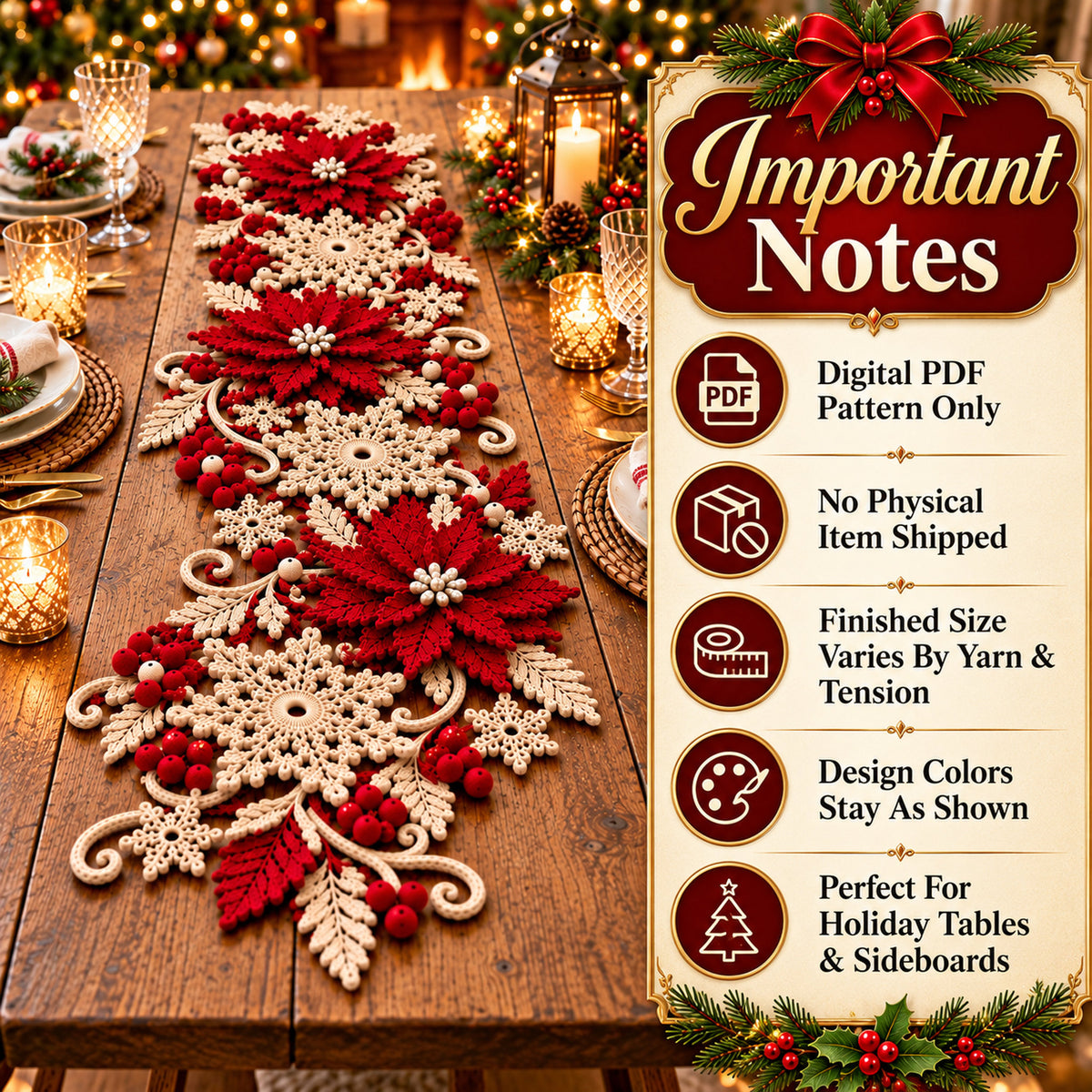 Christmas Poinsettia Table Runner Crochet Pattern PDF
