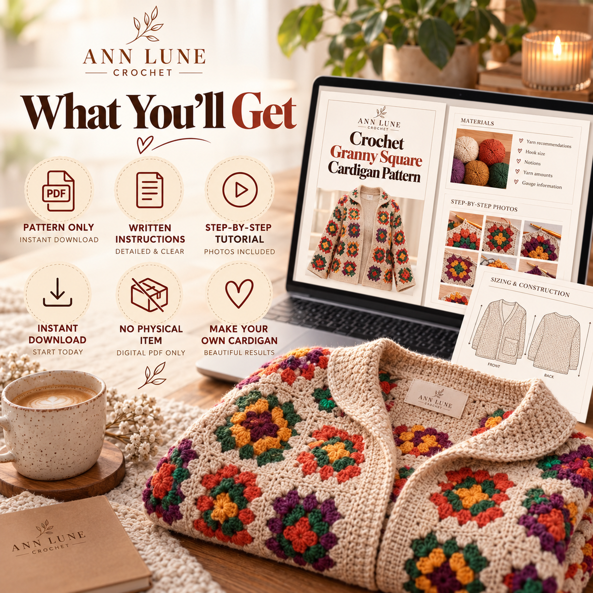 Granny Square Cardigan Crochet Pattern PDF | Floral Crochet Cardigan