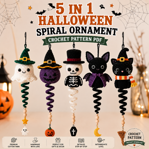5 in 1 Halloween Spiral Ornament Crochet Pattern PDF | Ghost Witch Pumpkin & Skeleton Amigurumi | Intermediate | Hanging Garland