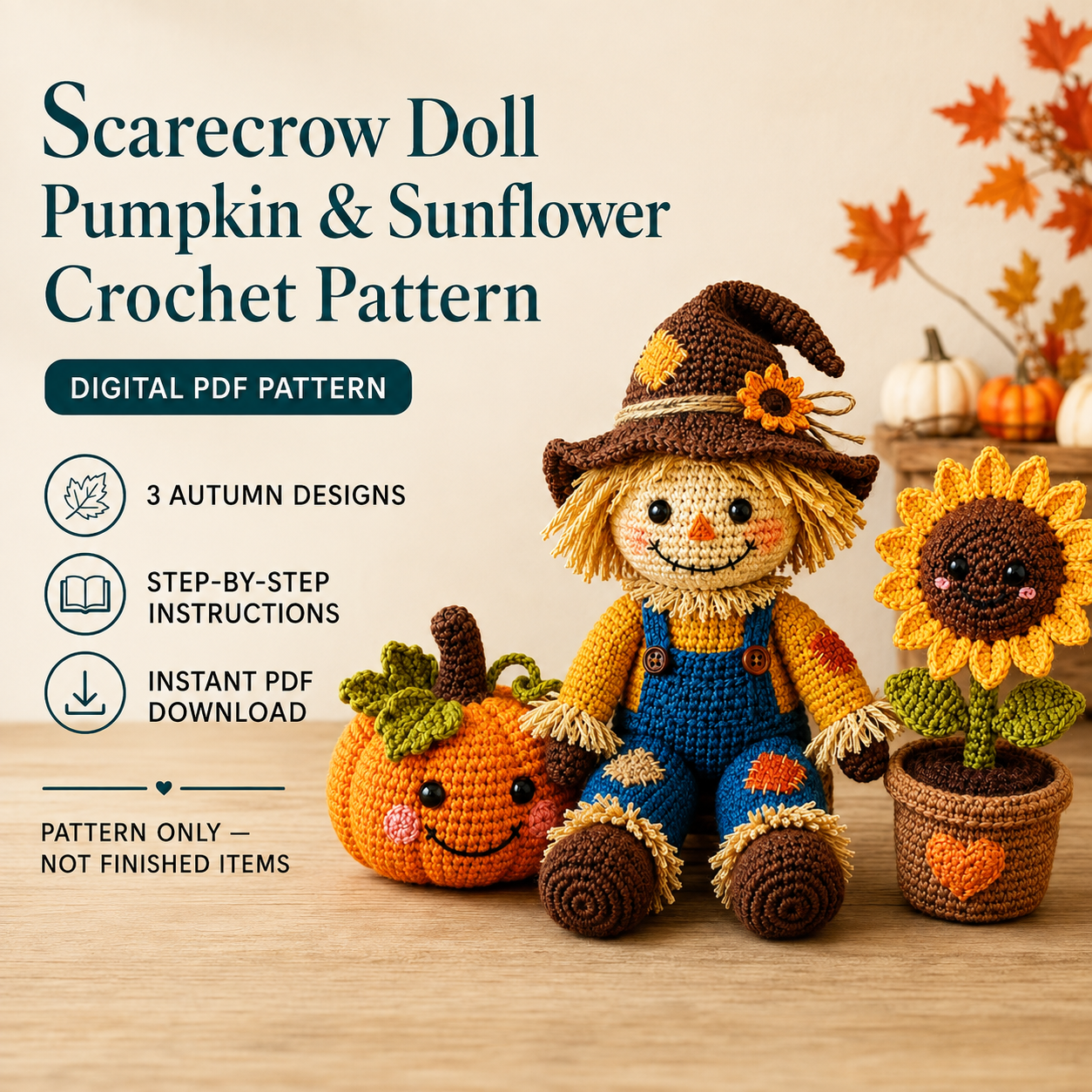Crochet Scarecrow Doll with Pumpkin and Sunflower, Handmade Fall Decor, Autumn Home Decoration, PDF