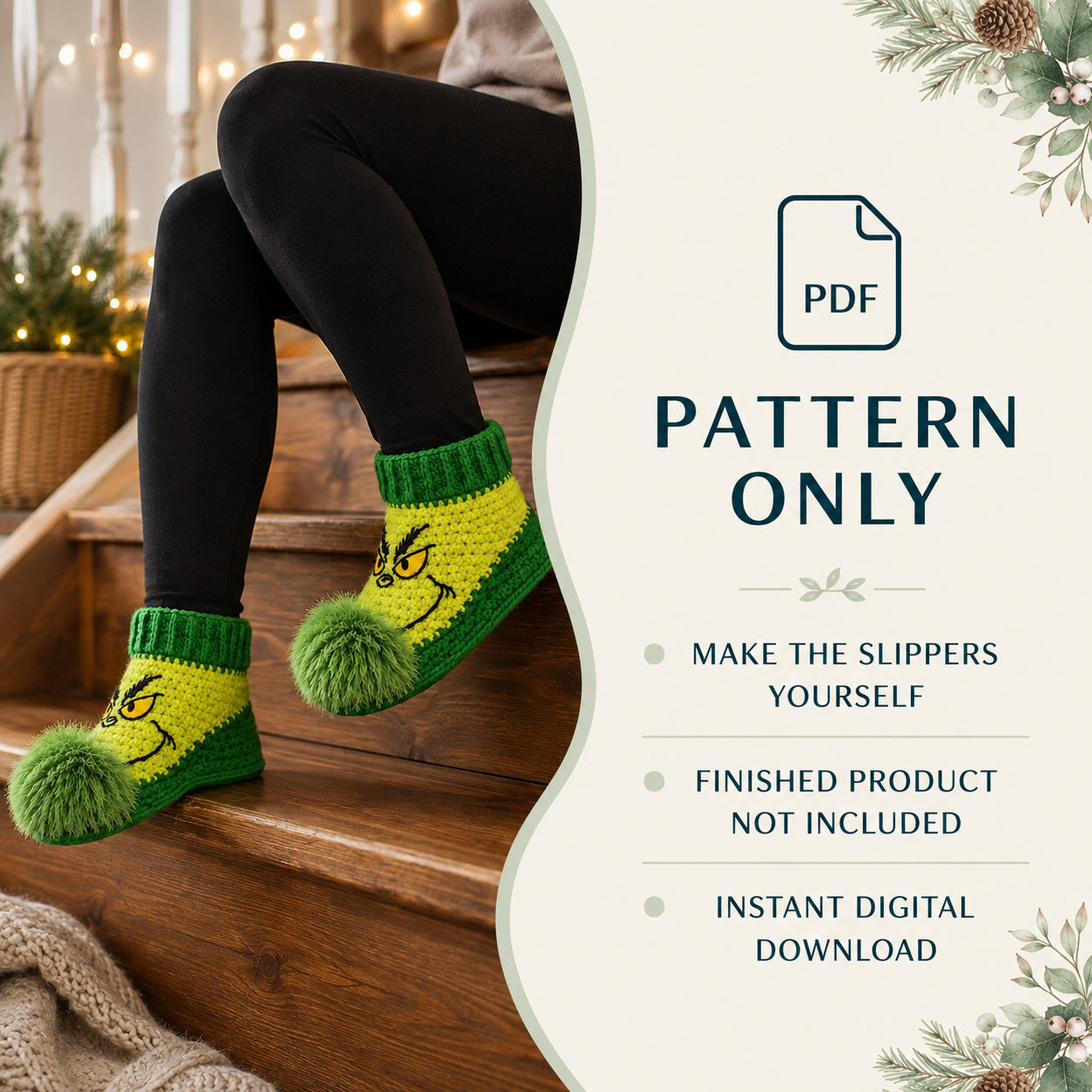 Green Christmas Slippers Crochet Pattern PDF | Cozy Holiday Socks