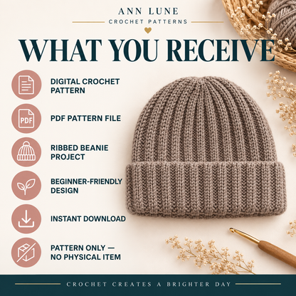 Crochet Beanie Pattern Beginner, Ribbed Hat Crochet Pattern PDF, Easy Winter Beanie DIY, Handmade Gift Crochet Hat, Stretchable Beanie