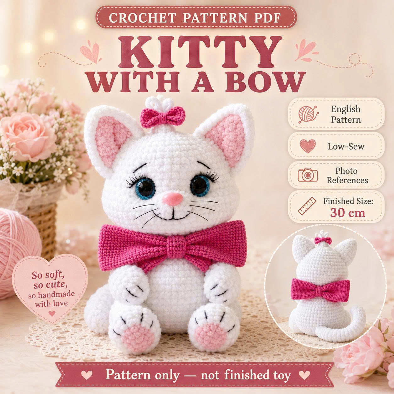 Kitty with a Bow Crochet Pattern PDF – Easy Low-Sew Cat Amigurumi Pattern, Plush Kitten Crochet Pattern, English Digital Download- TDS