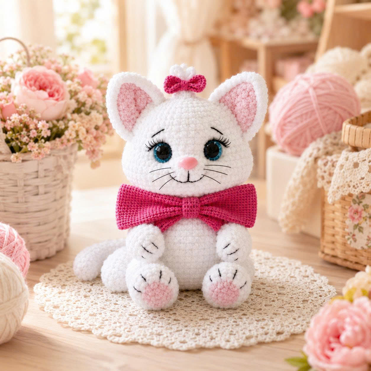 Kitty with a Bow Crochet Pattern PDF – Easy Low-Sew Cat Amigurumi Pattern, Plush Kitten Crochet Pattern, English Digital Download- TDS