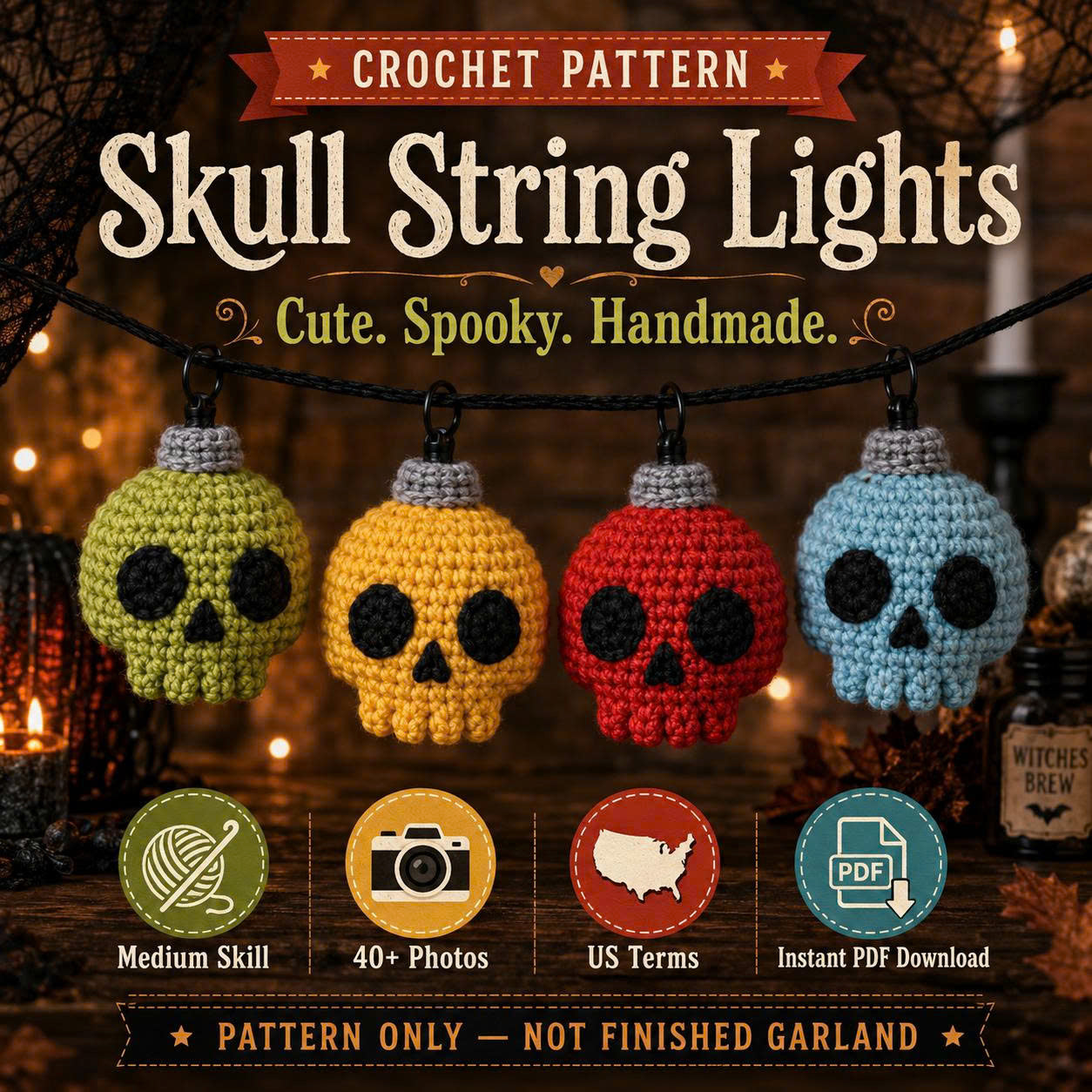Crochet Skull string lights pattern: Halloween Decor (PDF file). Amigurumi skull garland.