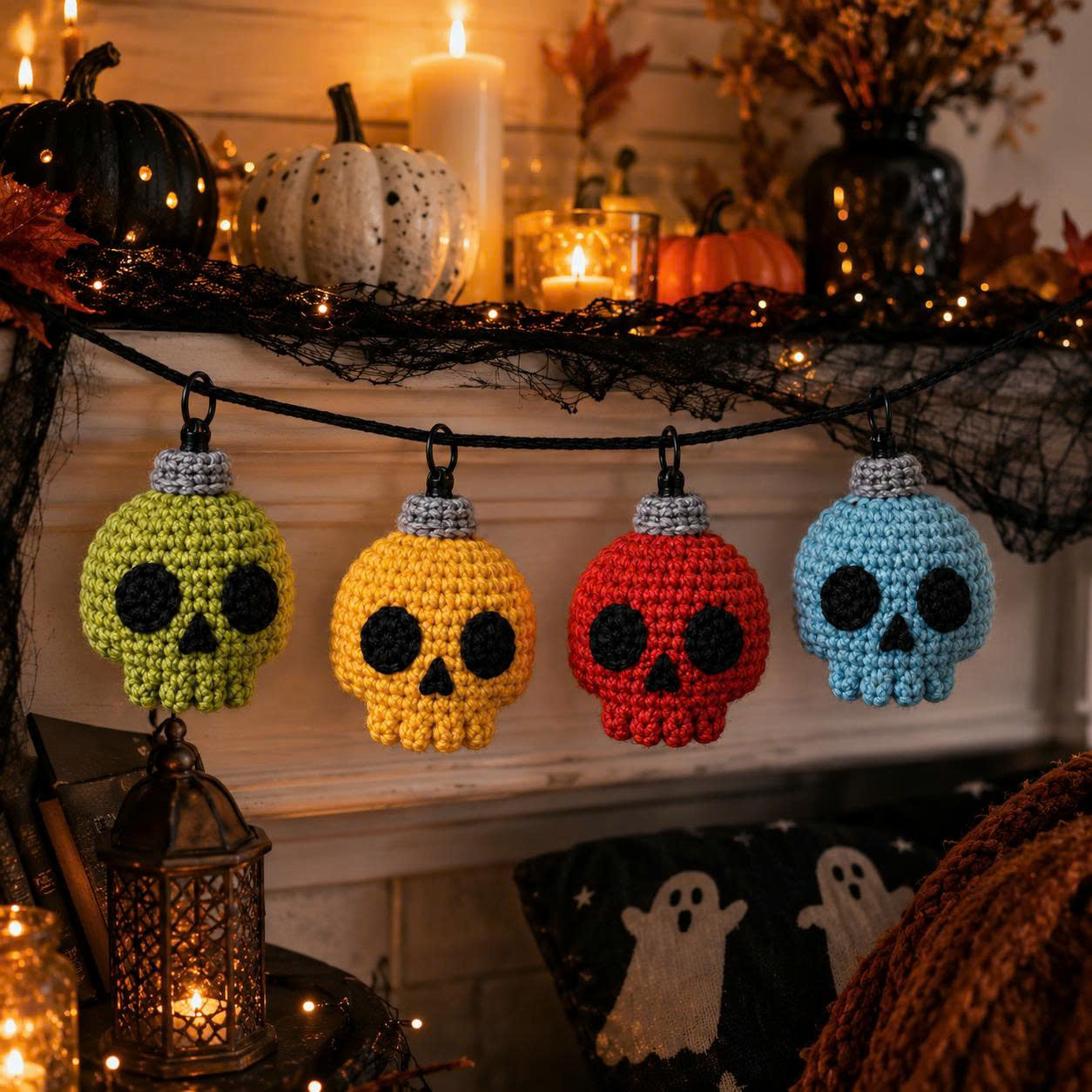 Crochet Skull string lights pattern: Halloween Decor (PDF file). Amigurumi skull garland.