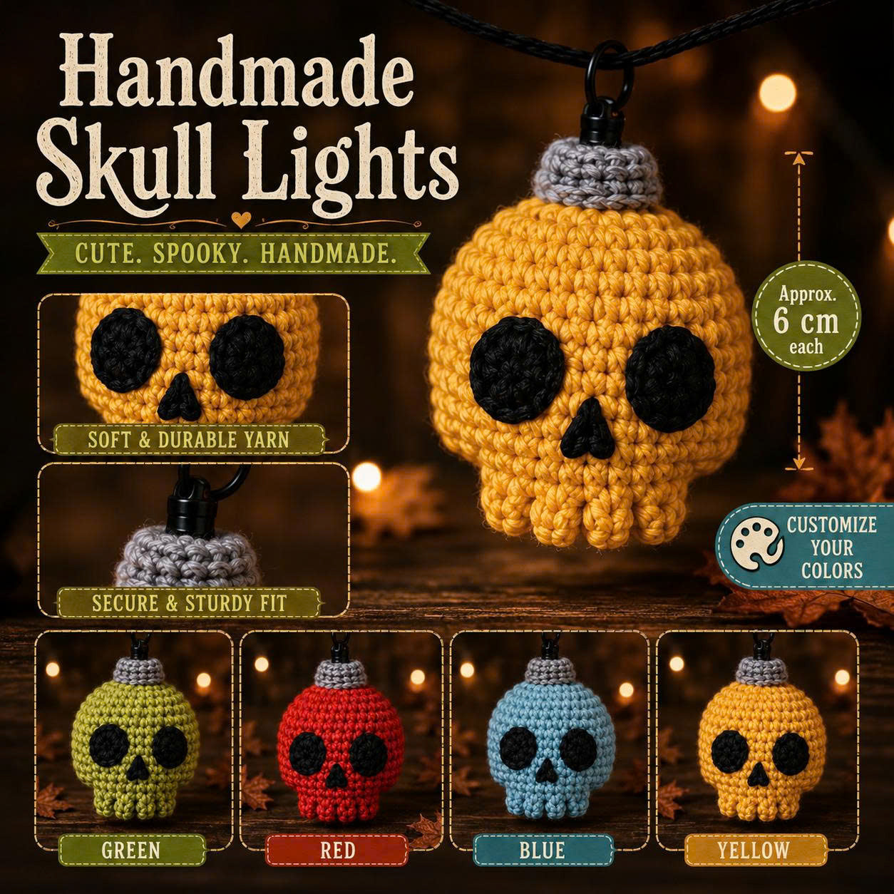 Crochet Skull string lights pattern: Halloween Decor (PDF file). Amigurumi skull garland.