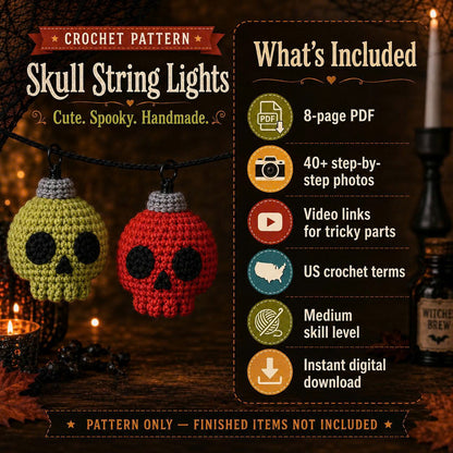Crochet Skull string lights pattern: Halloween Decor (PDF file). Amigurumi skull garland.