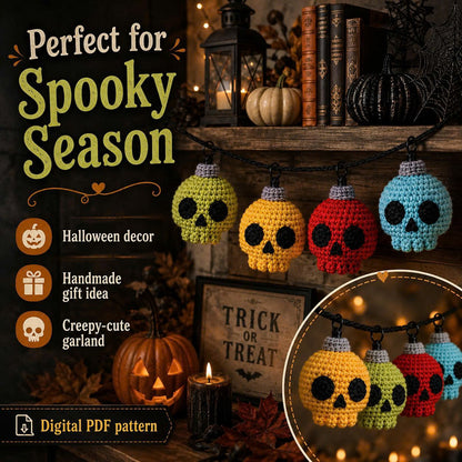Crochet Skull string lights pattern: Halloween Decor (PDF file). Amigurumi skull garland.