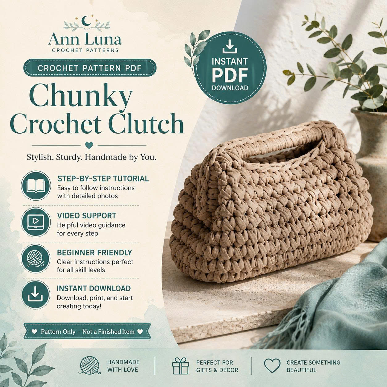 Crochet Clasp Bag Pattern PDF | Step-by-Step Beginner Purse Tutorial | T-Shirt Yarn Handbag Pattern