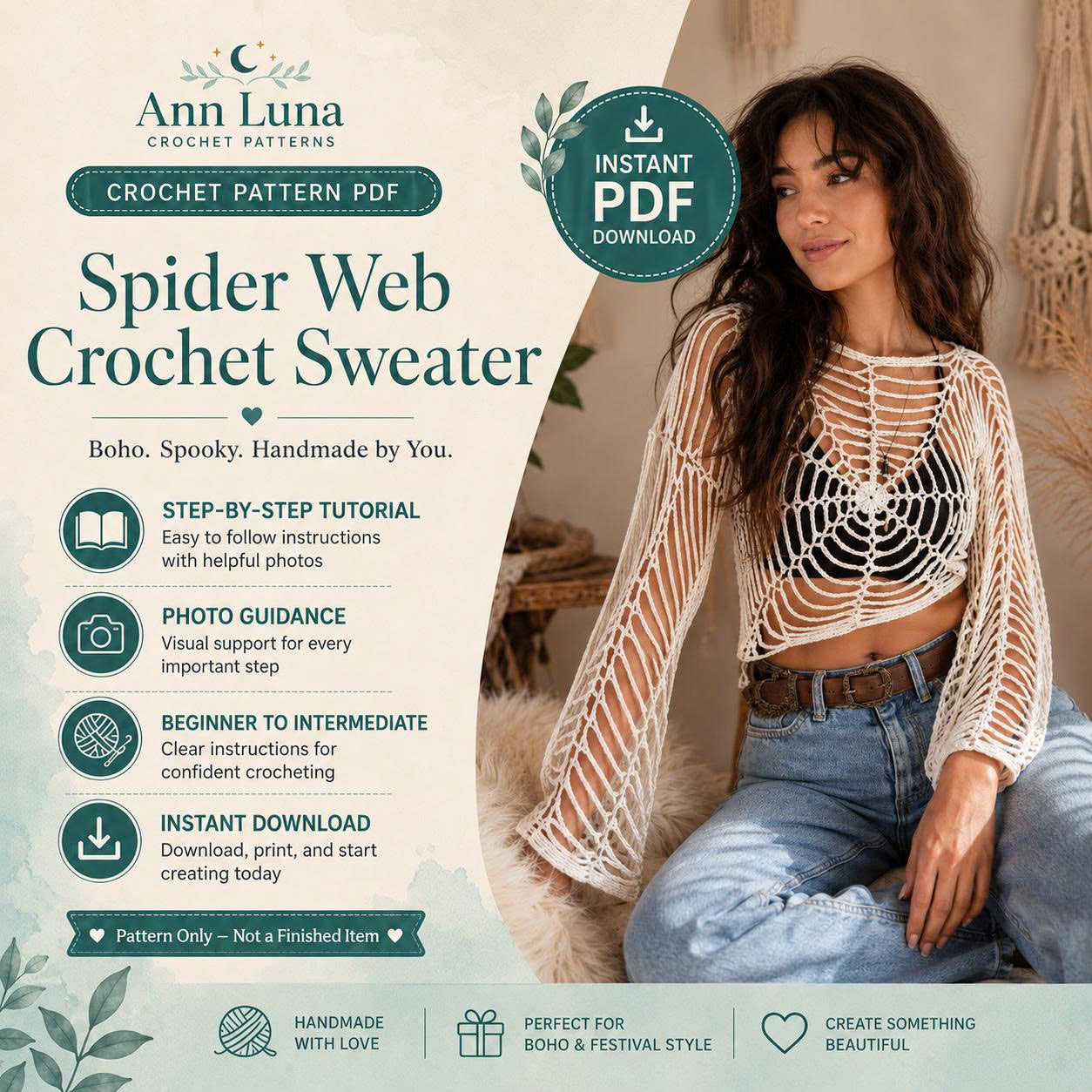 Spider Web Crochet Top Pattern PDF | Step-by-Step Halloween Mesh Sweater Tutorial