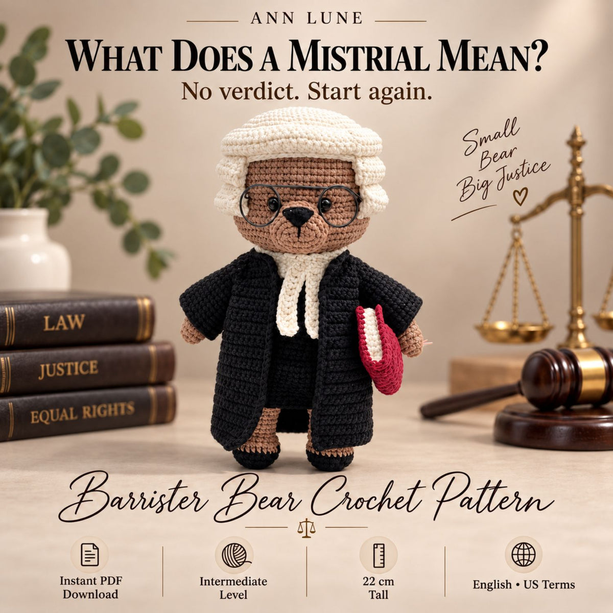Barrister Bear Crochet Pattern PDF – Judge Bear Amigurumi, Lawyer Gift, Courtroom Crochet Pattern