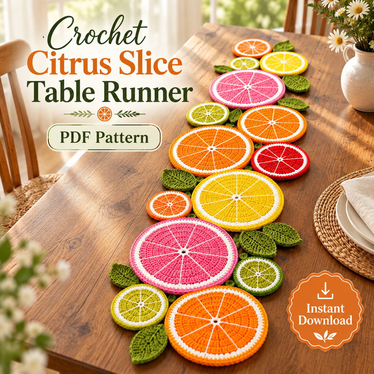 Citrus Slice Table Runner Crochet Pattern – Colorful Fruit PDF Pattern
