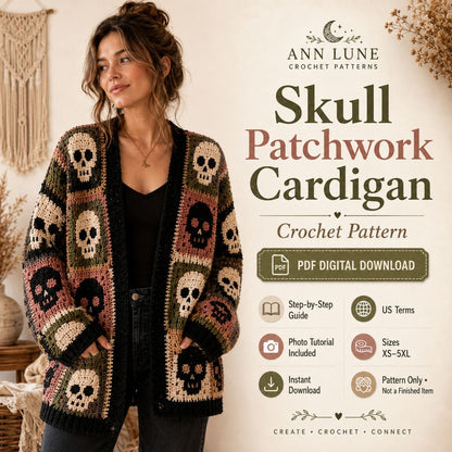 Skull Patchwork Cardigan Crochet Pattern PDF, Gothic Granny Square Sweater Pattern, Sizes XS–5XL