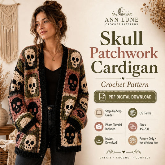 Skull Patchwork Cardigan Crochet Pattern PDF, Gothic Granny Square Sweater Pattern, Sizes XS–5XL