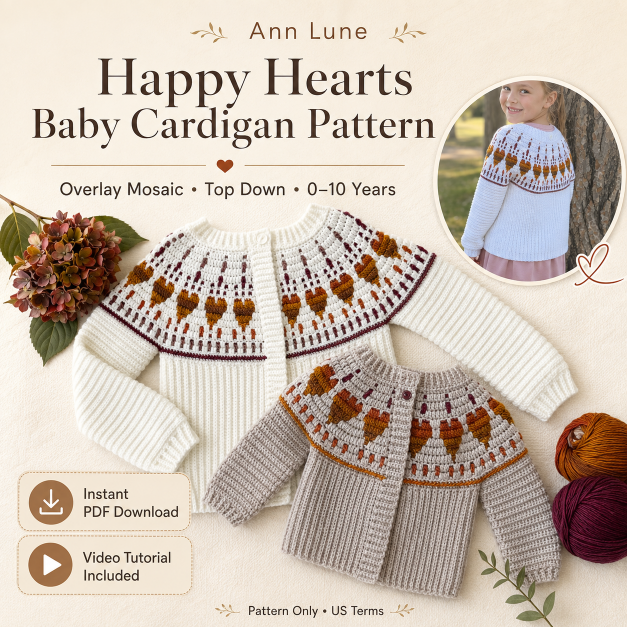 Happy Hearts Baby & Kids Crochet Cardigan Pattern PDF, Heart Cardigan Pattern, Sizes 0–10, Video Tutorial