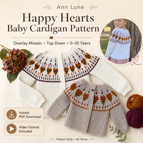 Happy Hearts Baby & Kids Crochet Cardigan Pattern PDF, Heart Cardigan Pattern, Sizes 0–10, Video Tutorial