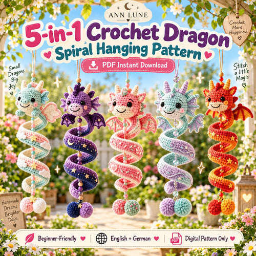 5-in-1 Crochet Dragon Spiral Hanging Pattern PDF – Dragon Ornament & Fantasy Decor Bundle