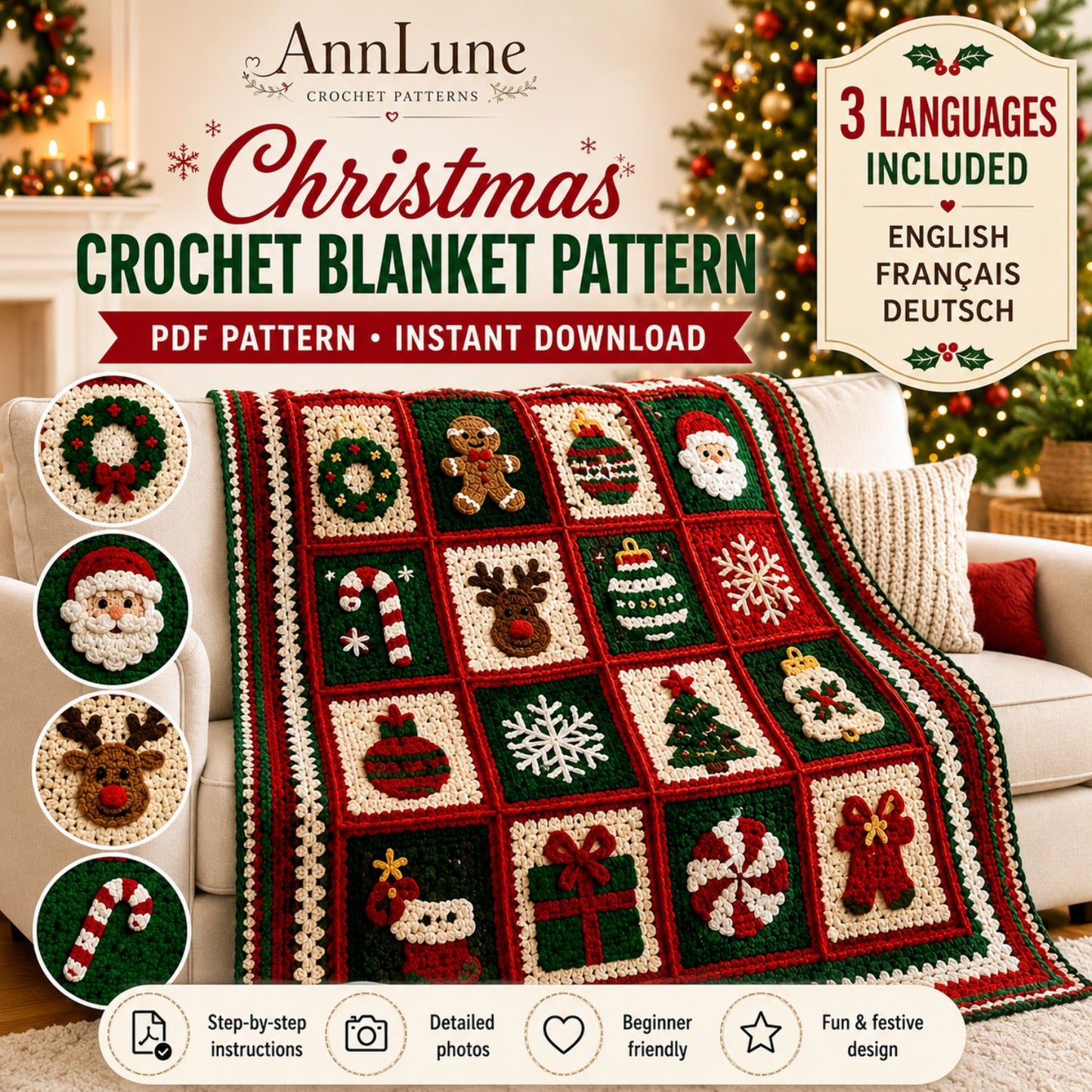 Christmas Crochet Blanket Pattern PDF – Granny Square Afghan, 16 Holiday Motifs, 3 Languages, Instant Download