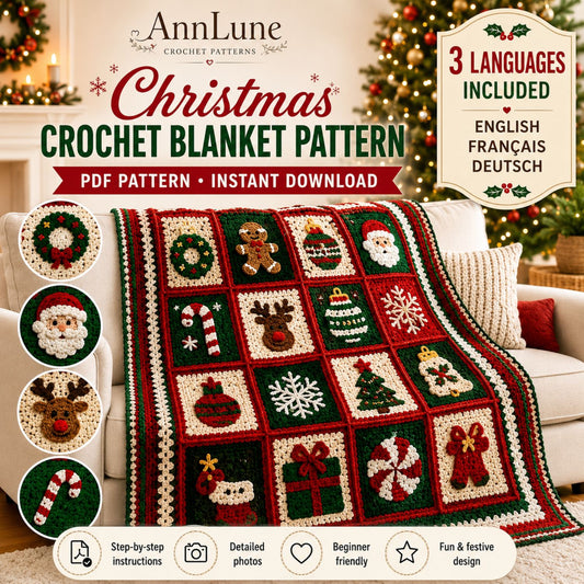 Christmas Crochet Blanket Pattern PDF – Granny Square Afghan, 16 Holiday Motifs, 3 Languages, Instant Download